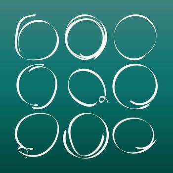 Set of the hand drawn scribble circles. Vector element. Illustration on green background.
