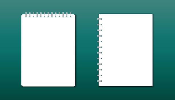 Realistic template notepad with spiral. Blank cover design. School business diary. Office stationery notebook on green background
