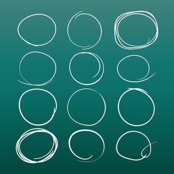 Set of the hand drawn scribble circles. Vector element. Illustration on green background.
