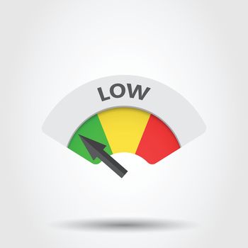 Low level risk gauge vector icon. Low fuel illustration on gray background.