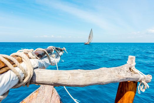 view of sea and ocean with sail from wooden boat
