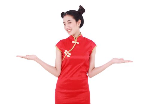 woman wear red cheongsam with open hand palm in concept of happy chinese new year