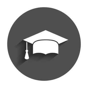 Graduation cap flat design icon. Finish education symbol. Graduation day celebration element with long shadow.