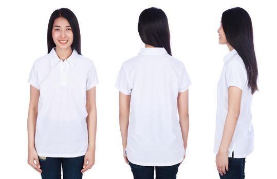 woman in polo shirt isolated on a white background
