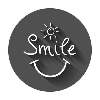 Simple smile vector icon. Hand drawn face doodle illustration with long shadow.