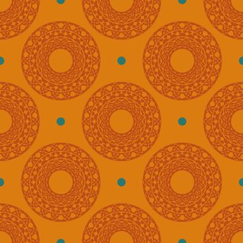Orange dewy seamless pattern with vintage ornaments. Background in a vintage style template. Indian floral element. Graphic ornament for wallpaper, fabric, packaging and paper.