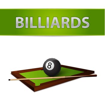 Billiards ball with stick on green table emblem