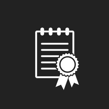 Certificate icon. Diploma symbol. Flat vector illustration on black background.
