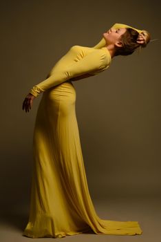 Elegant Woman Beauty Yellow Long Fashion Dress