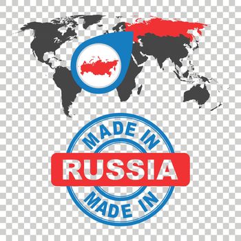 Made in Russia stamp. World map with red country. Vector emblem in flat style on isolated background.