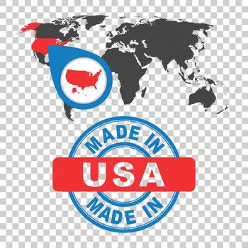 Made in USA, America stamp. World map with red country. Vector emblem in flat style on isolated background.