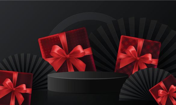 Black Friday background and round podium  gift box, red ribbon and gold  Floating Ribbon with craft style.