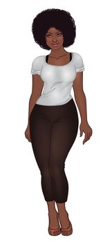 Curvy african american girl in casual wear and high heels isolated on white. Vector illustration. Plus size model. Bodypositive concept. Beautiful black woman.