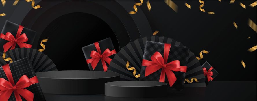 Black Friday background and round podium  gift box, red ribbon and gold  Floating Ribbon with craft style.