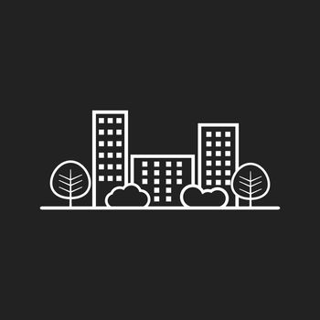 Vector city illustration in flat style. Building, tree and shrub on black background