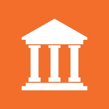 Bank building icon in flat style. Museum vector illustration on orange background.