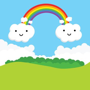 Landscape with rainbow and funny clouds. Vector illustration