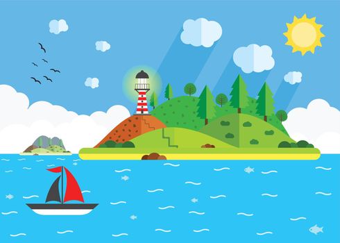 Island in the sea with lighthouse, hill, tree, and sailing ship. Summer time holiday voyage concept. Flat vector illustration. Travel background.