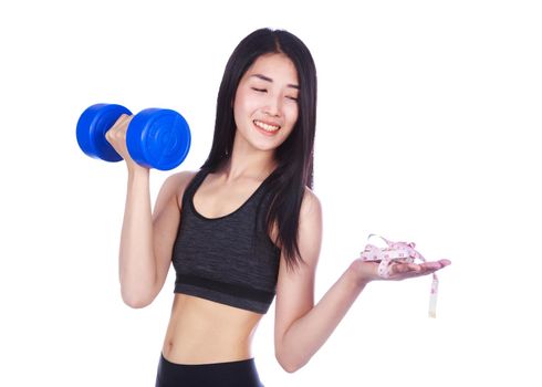 fitness woman withw eight dumbbell and measure tape isolated on white background