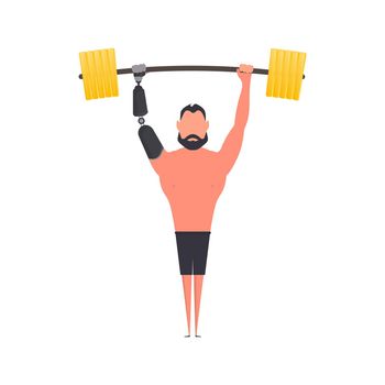A man with a prosthetic hand lifts the barbell. Vector.