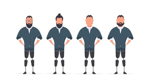 A set of men with prosthetic legs. People with disabilities. Vector.