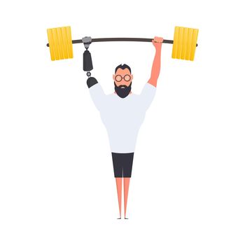 A man with a prosthetic hand lifts the barbell. Vector.