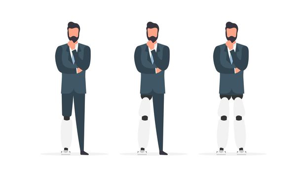 A set of men with prosthetic legs. People with disabilities. Vector.