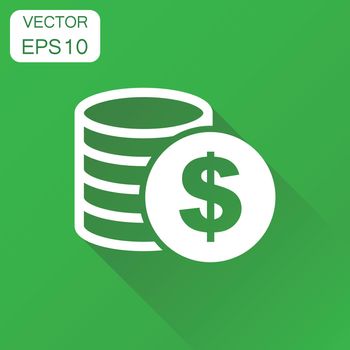 Money coin icon. Business concept dollar coins pictogram. Vector illustration on green background with long shadow.