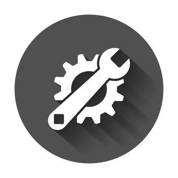 Service tools flat vector icon. Cogwheel with wrench symbol logo illustration on black round background with long shadow.