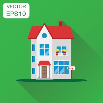 House icon. Business concept house pictogram. Vector illustration on green background with long shadow.