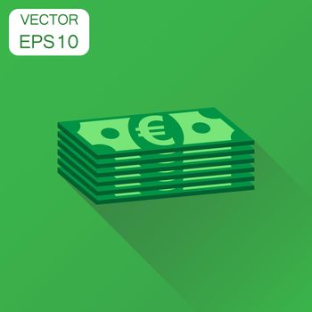 Stacks of euro cash icon. Business concept euro money pictogram. Vector illustration on green background with long shadow.