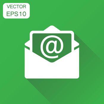 Mail envelope icon. Business concept email pictogram. Vector illustration on green background with long shadow.