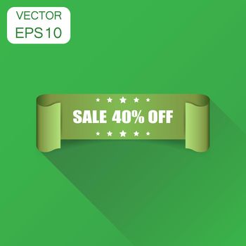 Sale 40% ribbon icon. Business concept sale 40 percent sticker label pictogram. Vector illustration on green background with long shadow.