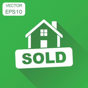 Sold house icon. Business concept sold pictogram. Vector illustration on green background with long shadow.