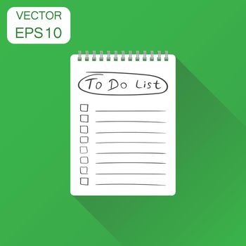 Realistic notepad with spiral icon. Business concept to do list icon with hand drawn text pictogram. Vector illustration on green background with long shadow.