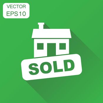 Sold house icon. Business concept house sold pictogram. Vector illustration on green background with long shadow.