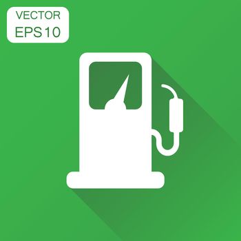 Fuel gas station icon. Business concept car petrol pump pictogram. Vector illustration on green background with long shadow.