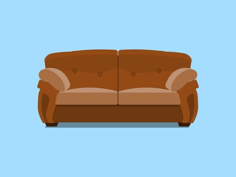Brown leather chester sofa. Vector illustration. Comfortable lounge for interior design isolated on blue background. Modern model of settee icon.