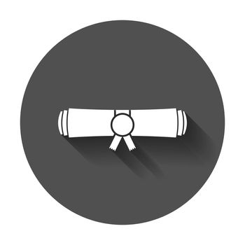Diploma rolled scroll flat design icon. Finish education symbol. Graduation day celebration element with long shadow.
