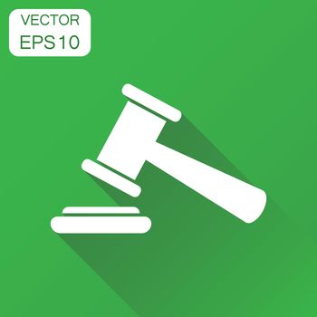 Auction hammer icon. Business concept court tribunal pictogram. Vector illustration on green background with long shadow.