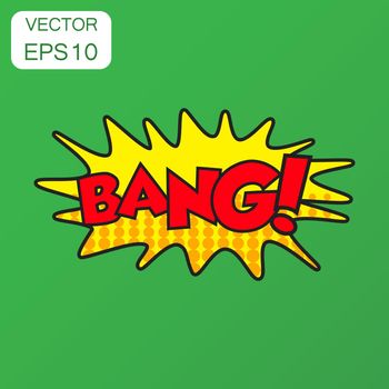 Bang comic sound effects icon. Business concept bang sound bubble speech pictogram. Vector illustration on green background with long shadow.