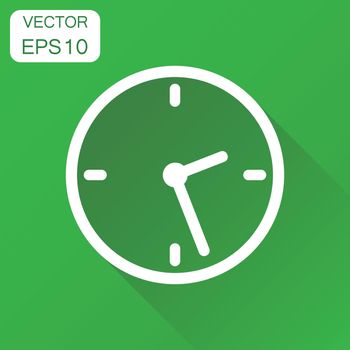 Clock icon. Business concept timer pictogram. Vector illustration on green background with long shadow.