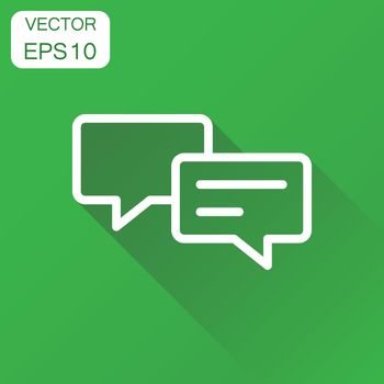 Speech bubble icon. Business concept discussion dialog symbol pictogram. Vector illustration on green background with long shadow.