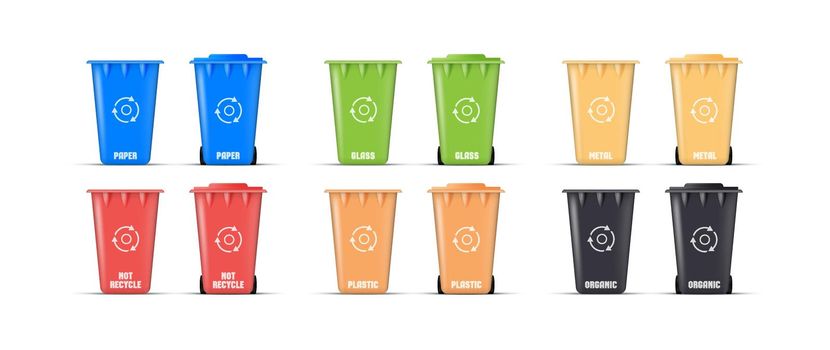 Multi-colored trash cans. Set of realistic trash containers. Vector 3d.