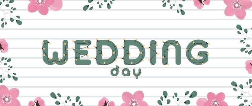 Ready-made discount banner. Green letters with garlands on a white background. Garlands with light bulbs, white background, flowers, roses, green leaves. Vector.