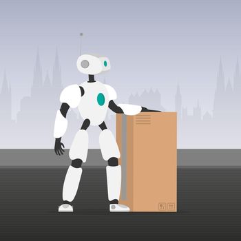 Robotic courier delivering cargo. Shipment and delivery of parcels for clients. Automated process. Vector.