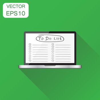 Checklist with laptop computer icon. Business concept task laptop pictogram. Vector illustration on green background with long shadow.