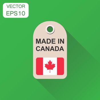 Hang tag made in Canada with flag icon. Business concept manufactured in Canada. Vector illustration on green background with long shadow.