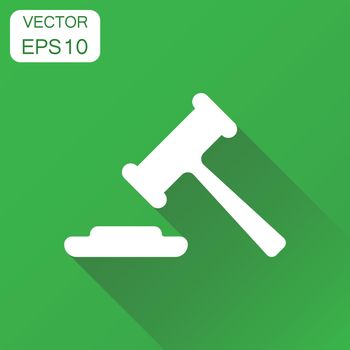 Auction hammer icon. Business concept court tribunal pictogram. Vector illustration on green background with long shadow.