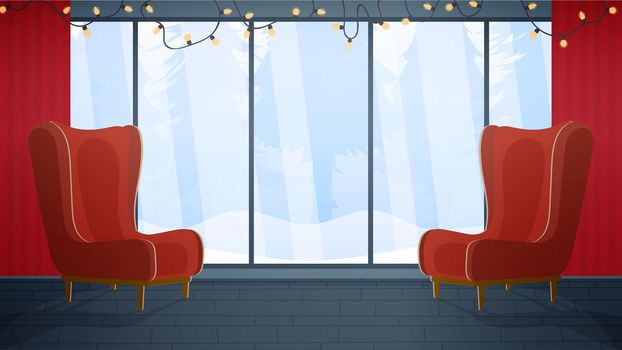 New Year's room with a large panoramic window overlooking the forest. Red vintage armchair, garlands with light bulbs, winter in the forest. Vector.